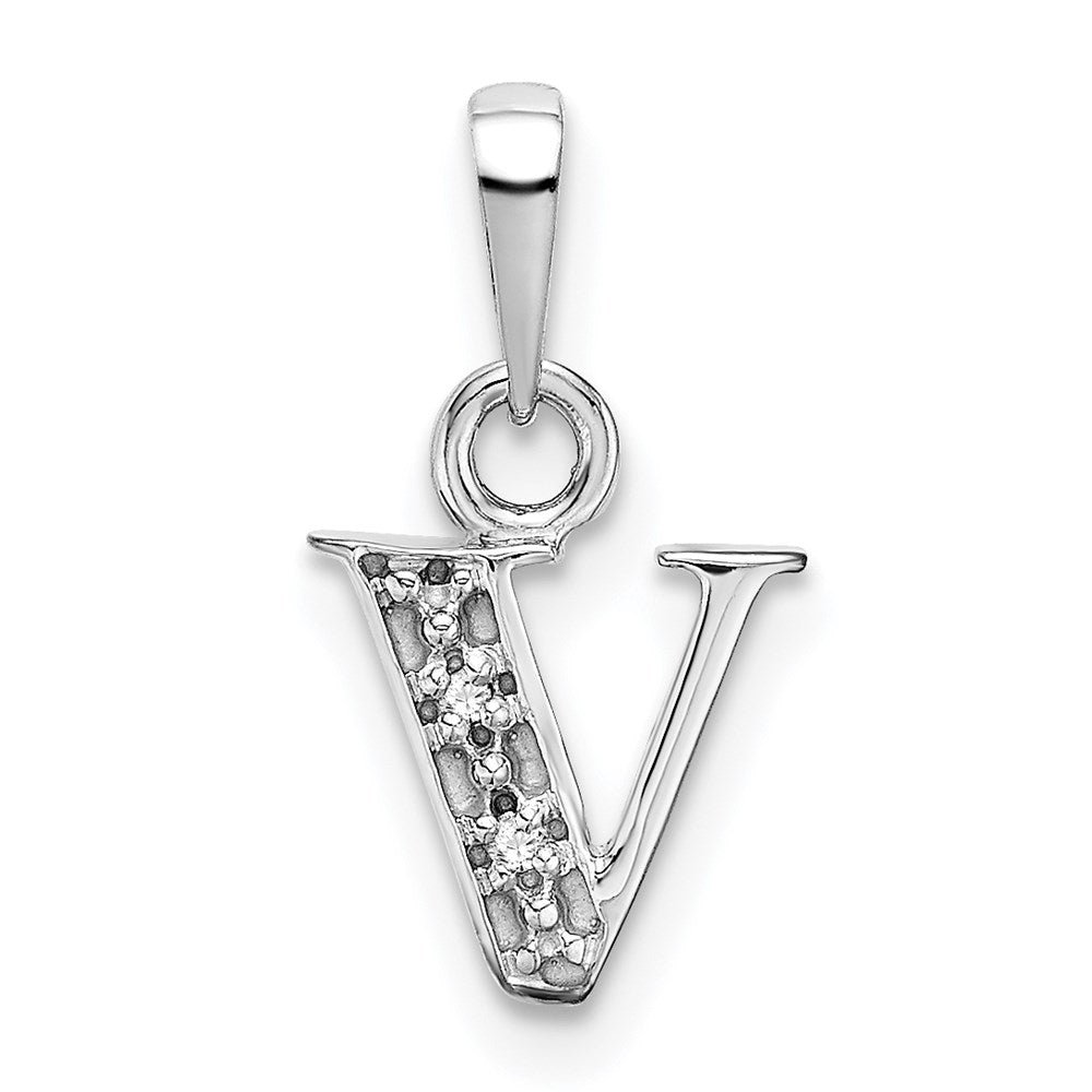 14KW Rhodium-plated Diamond Letter V Initial Pendant