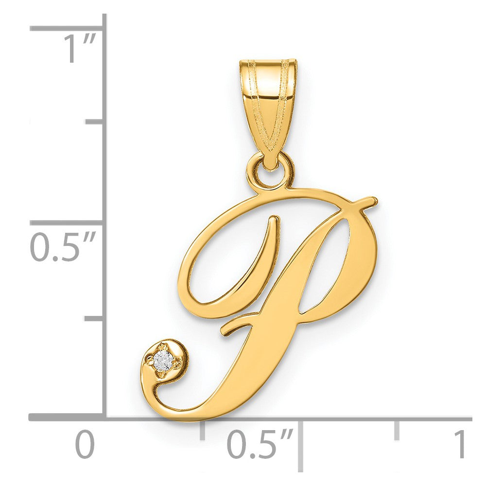 14KY Script Letter P Initial Pendant with Diamond