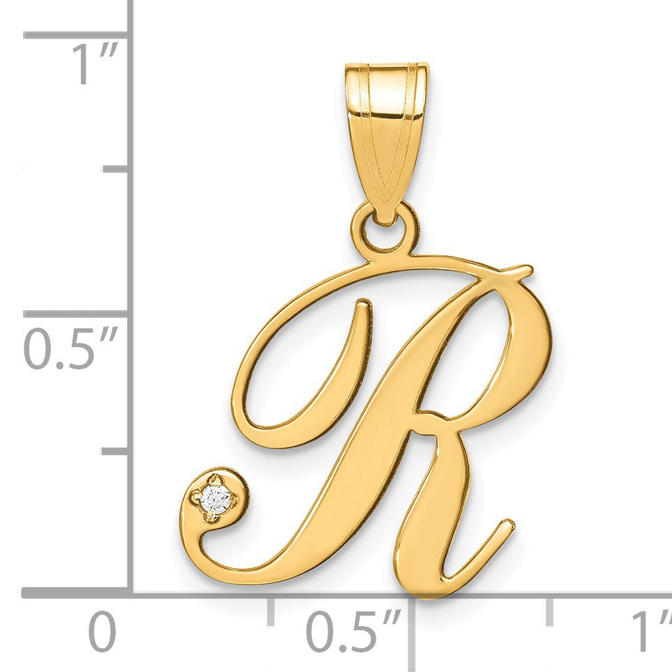 14KY Script Letter R Initial Pendant with Diamond