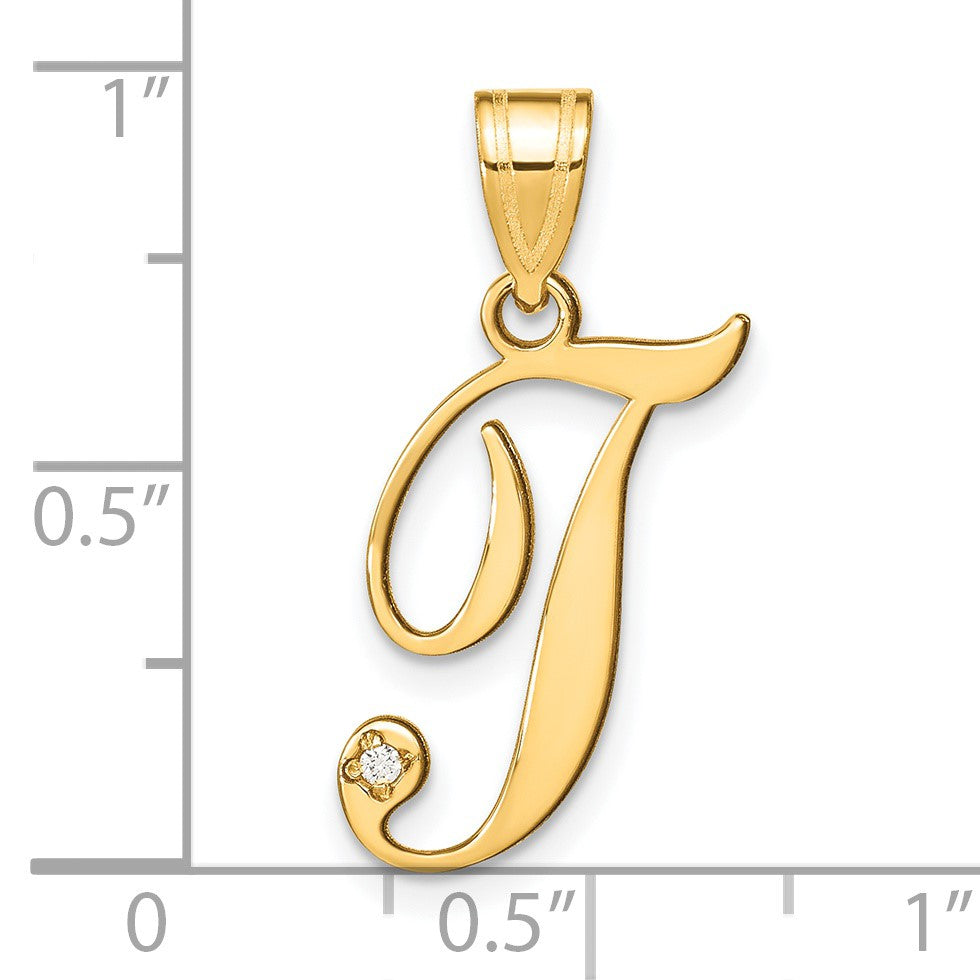 14KY Script Letter T Initial Pendant with Diamond