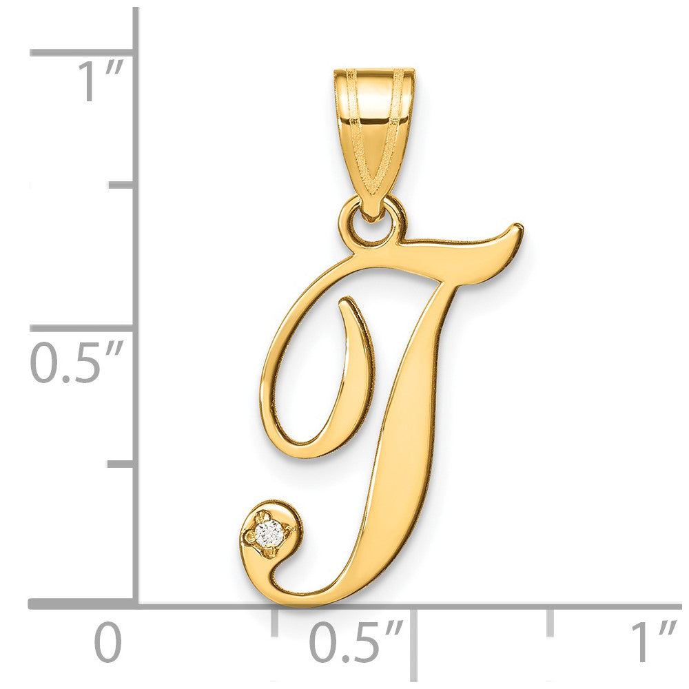 14KY Script Letter T Initial Pendant with Diamond