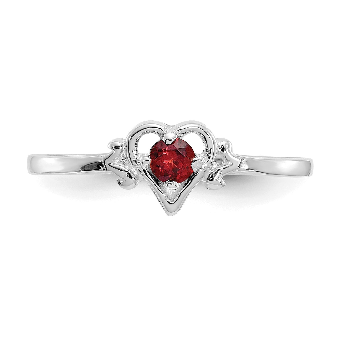 14K White Gold 3mm Round Garnet Birthstone Heart Ring