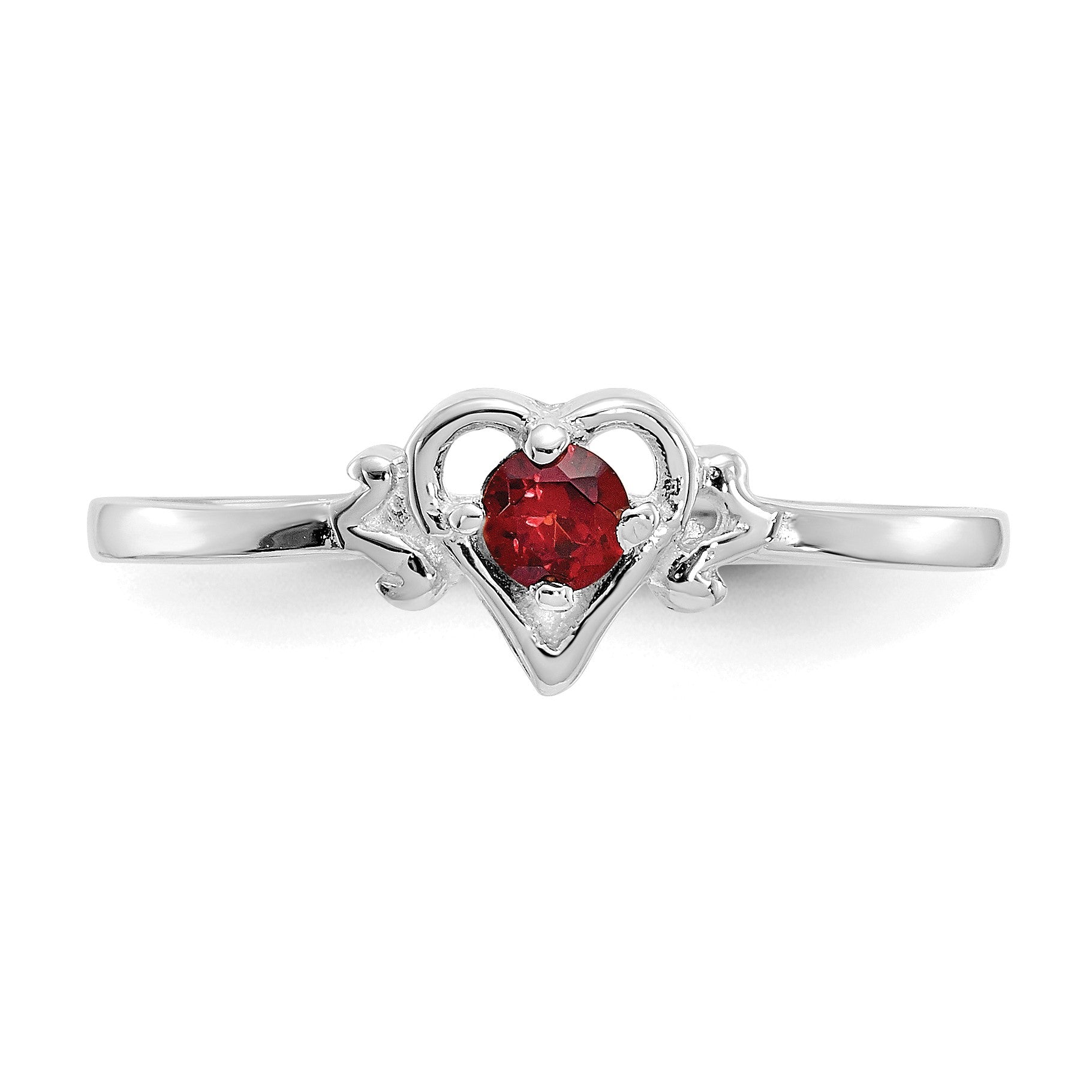 14K White Gold 3mm Round Garnet Birthstone Heart Ring