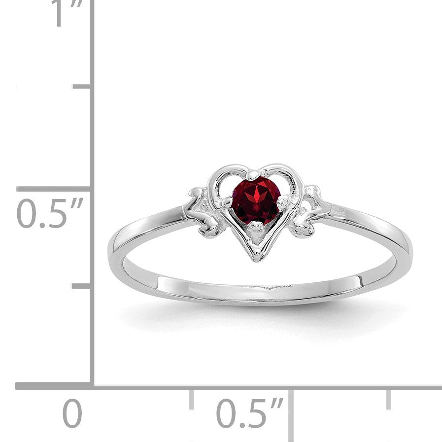 14K White Gold 3mm Round Garnet Birthstone Heart Ring