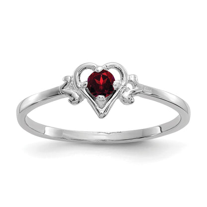 14K White Gold 3mm Round Garnet Birthstone Heart Ring