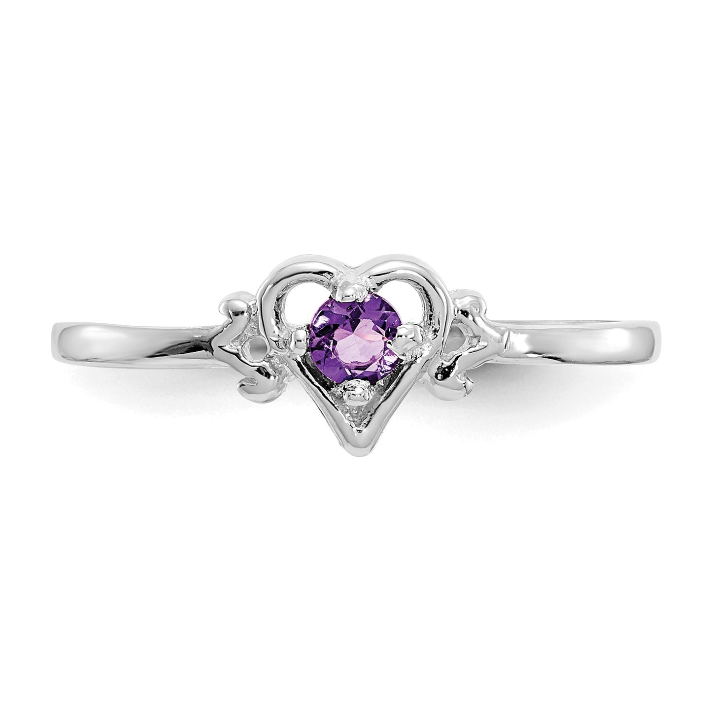 14K White Gold 3mm Round Amethyst Birthstone Heart Ring