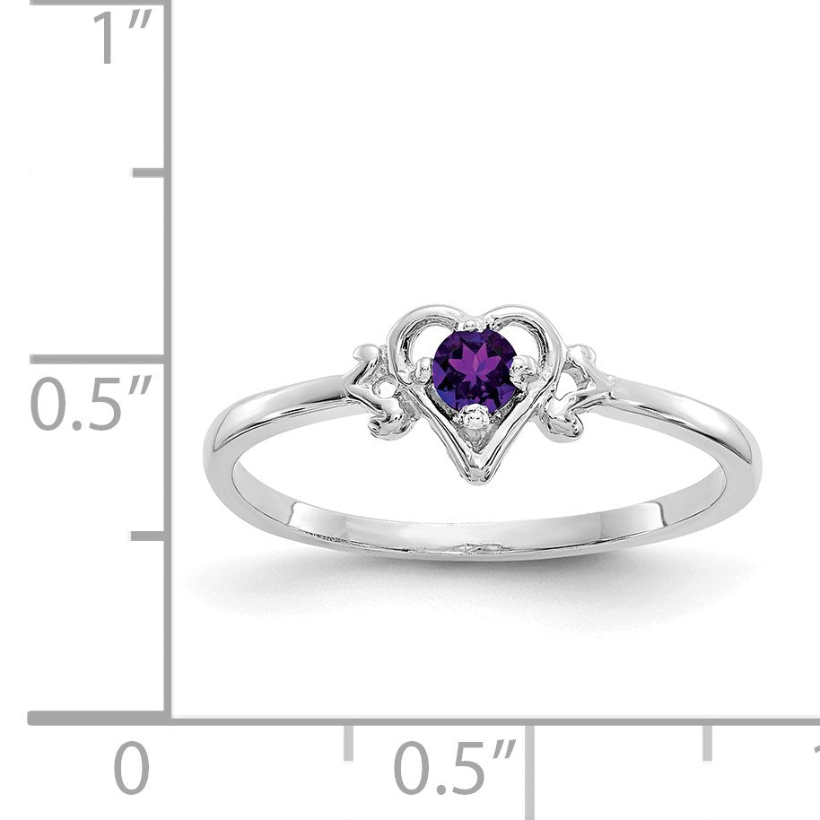 14K White Gold 3mm Round Amethyst Birthstone Heart Ring