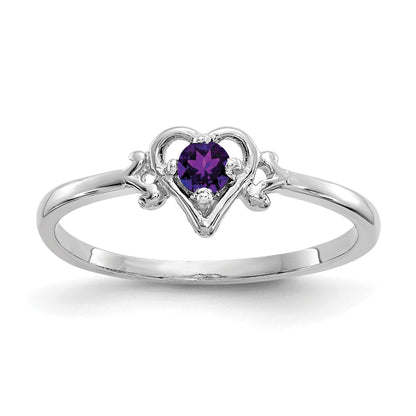 14K White Gold 3mm Round Amethyst Birthstone Heart Ring