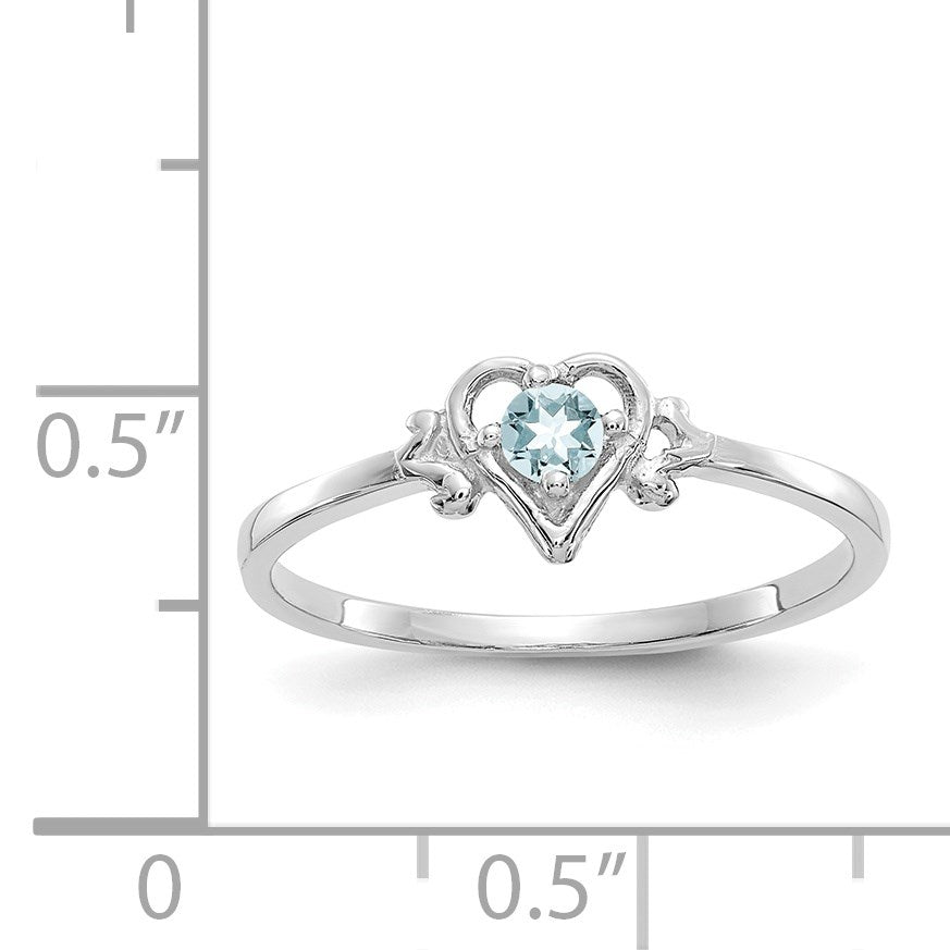 14K White Gold 3mm Round Aquamarine Birthstone Heart Ring