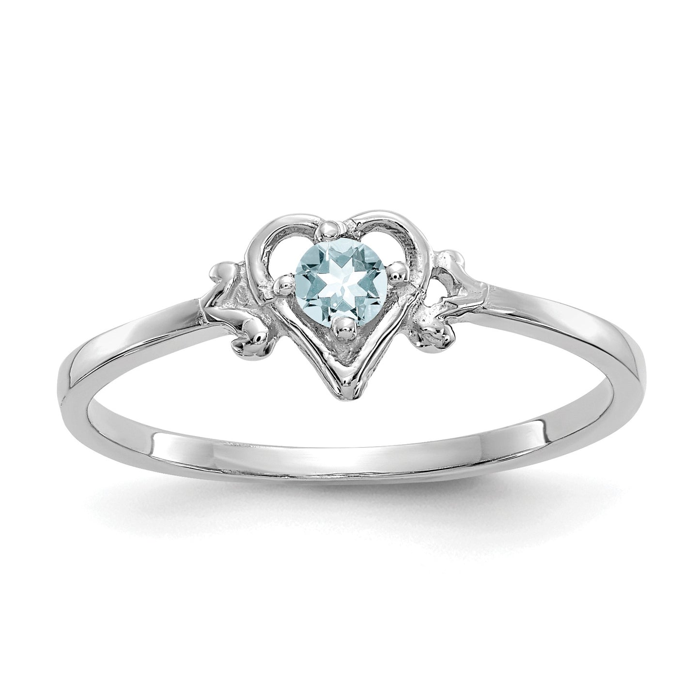 10K White Gold 3mm Round March/ Aquamarine Birthstone Heart Size 7 Ring