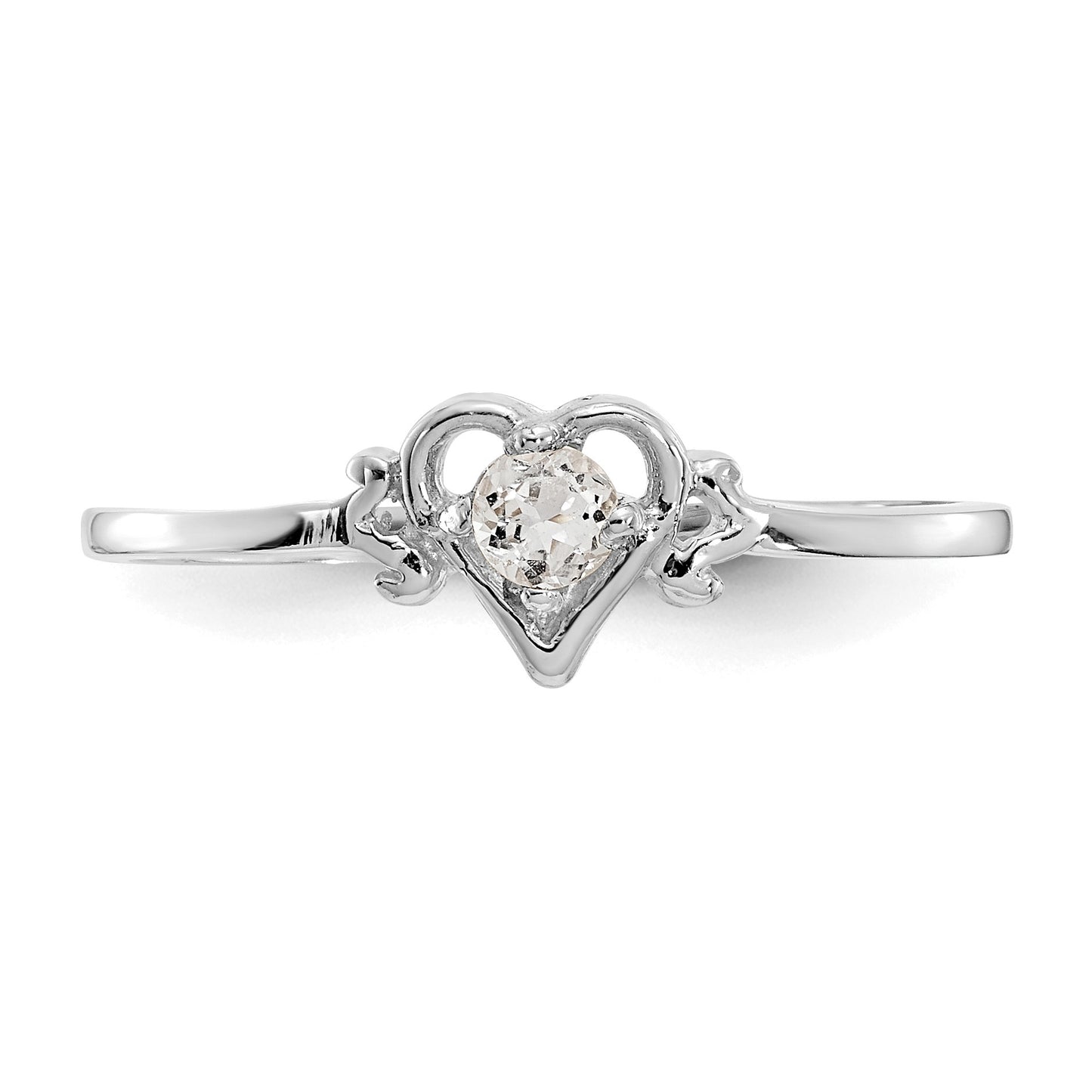 14K White Gold 3mm Round White Topaz Birthstone Heart Ring