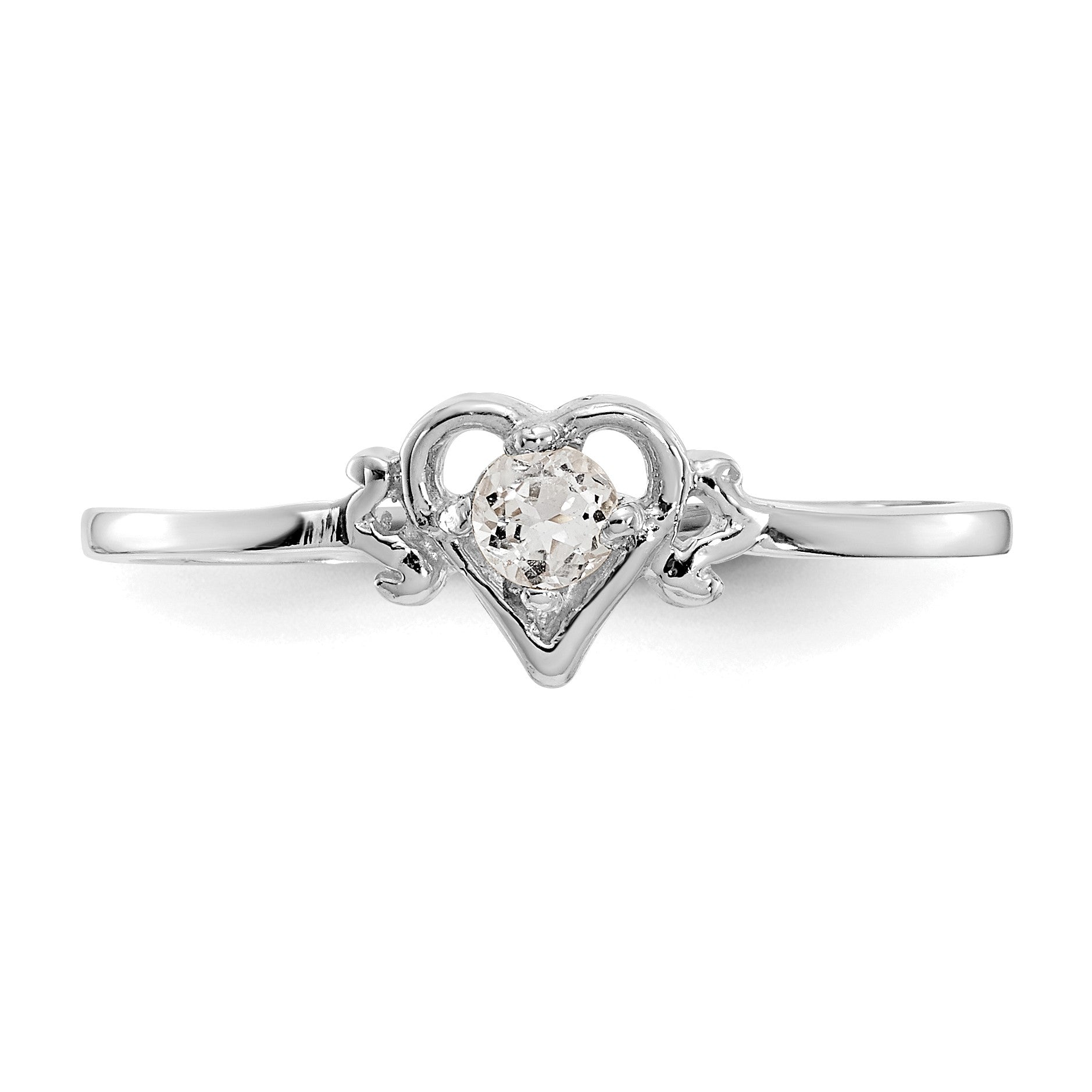 14K White Gold 3mm Round White Topaz Birthstone Heart Ring