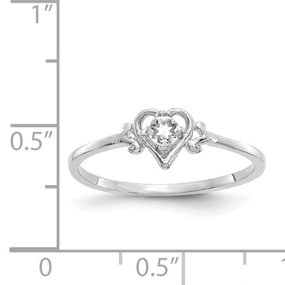 14K White Gold 3mm Round White Topaz Birthstone Heart Ring