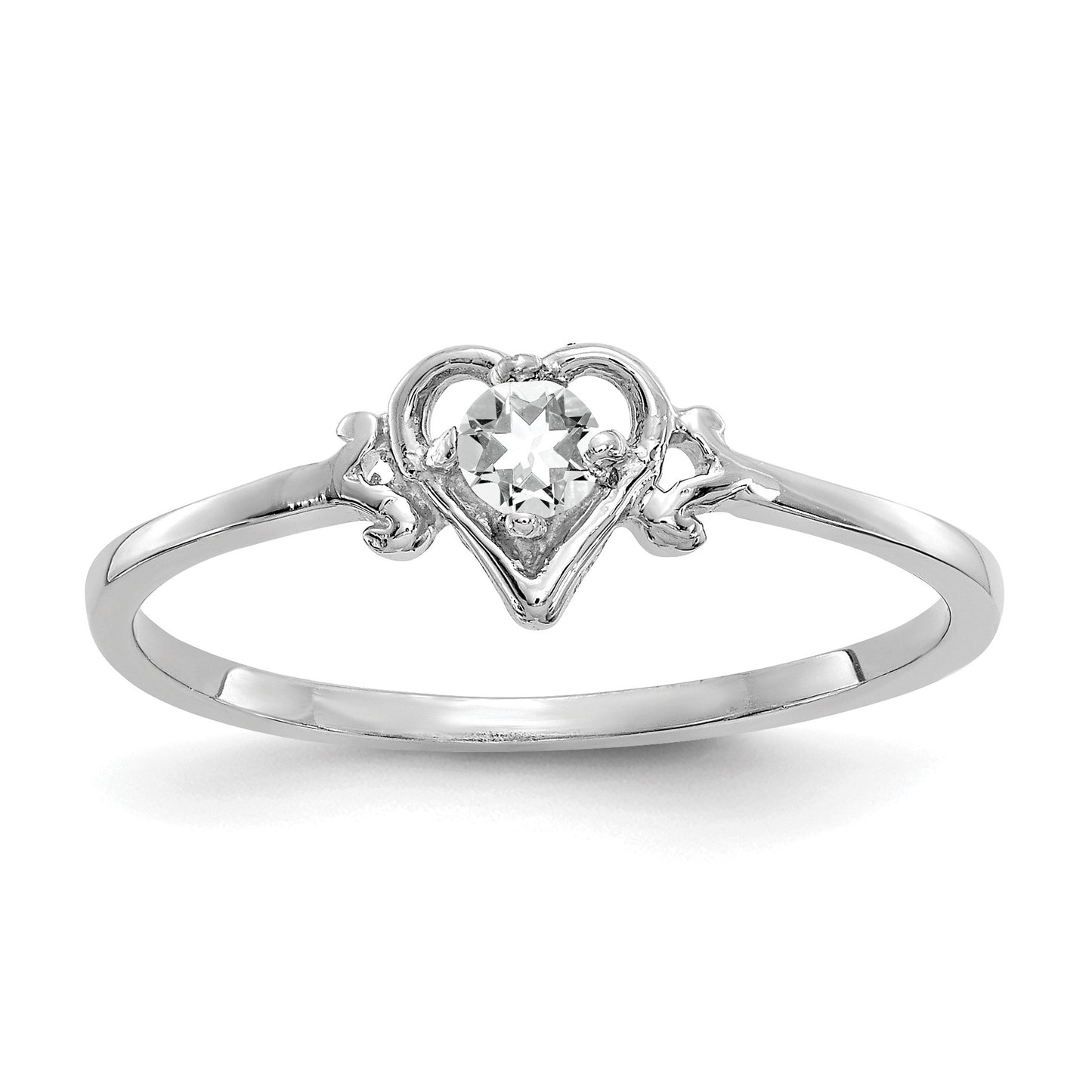 10K White Gold 3mm Round April/ White Topaz Birthstone Heart Size 7 Ring
