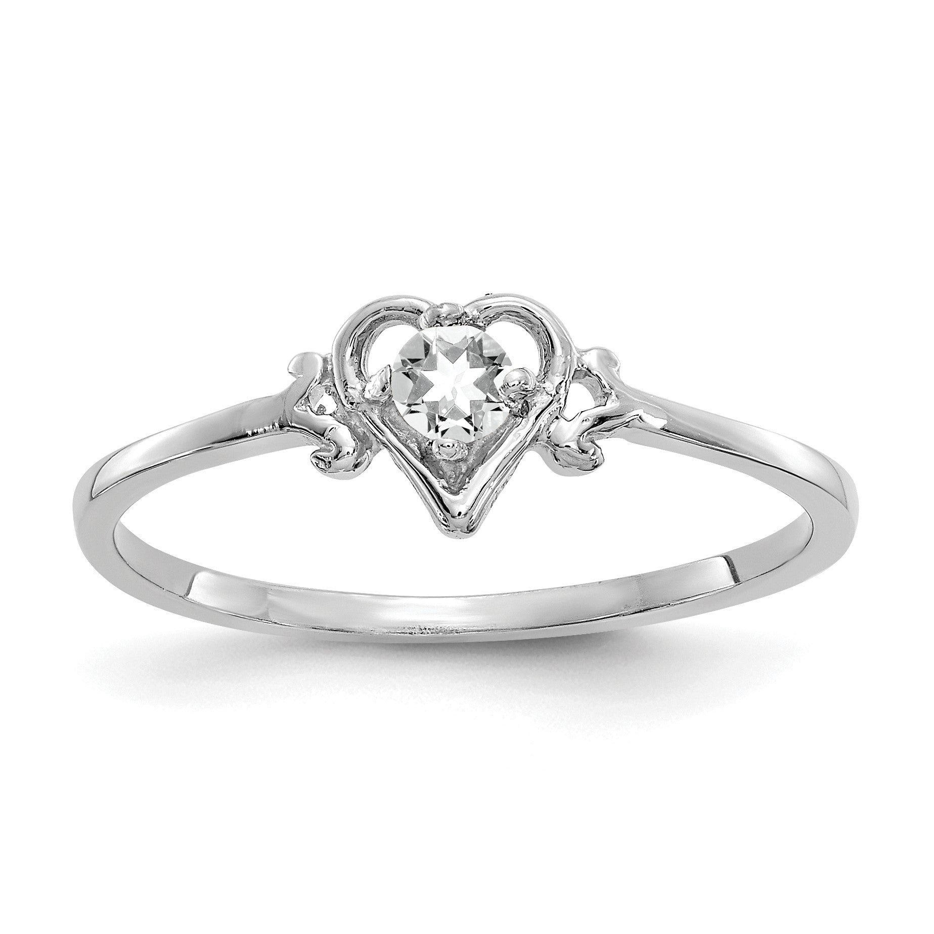 10K White Gold 3mm Round April/ White Topaz Birthstone Heart Size 7 Ring