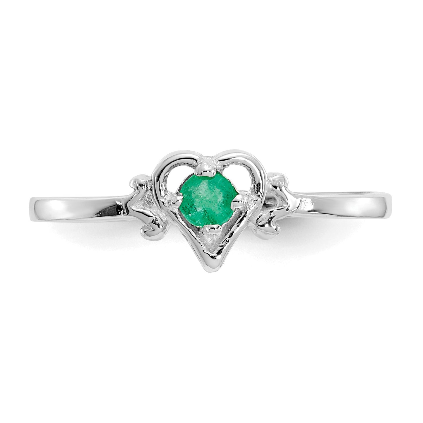 14K White Gold 3mm Round Emerald Birthstone Heart Ring