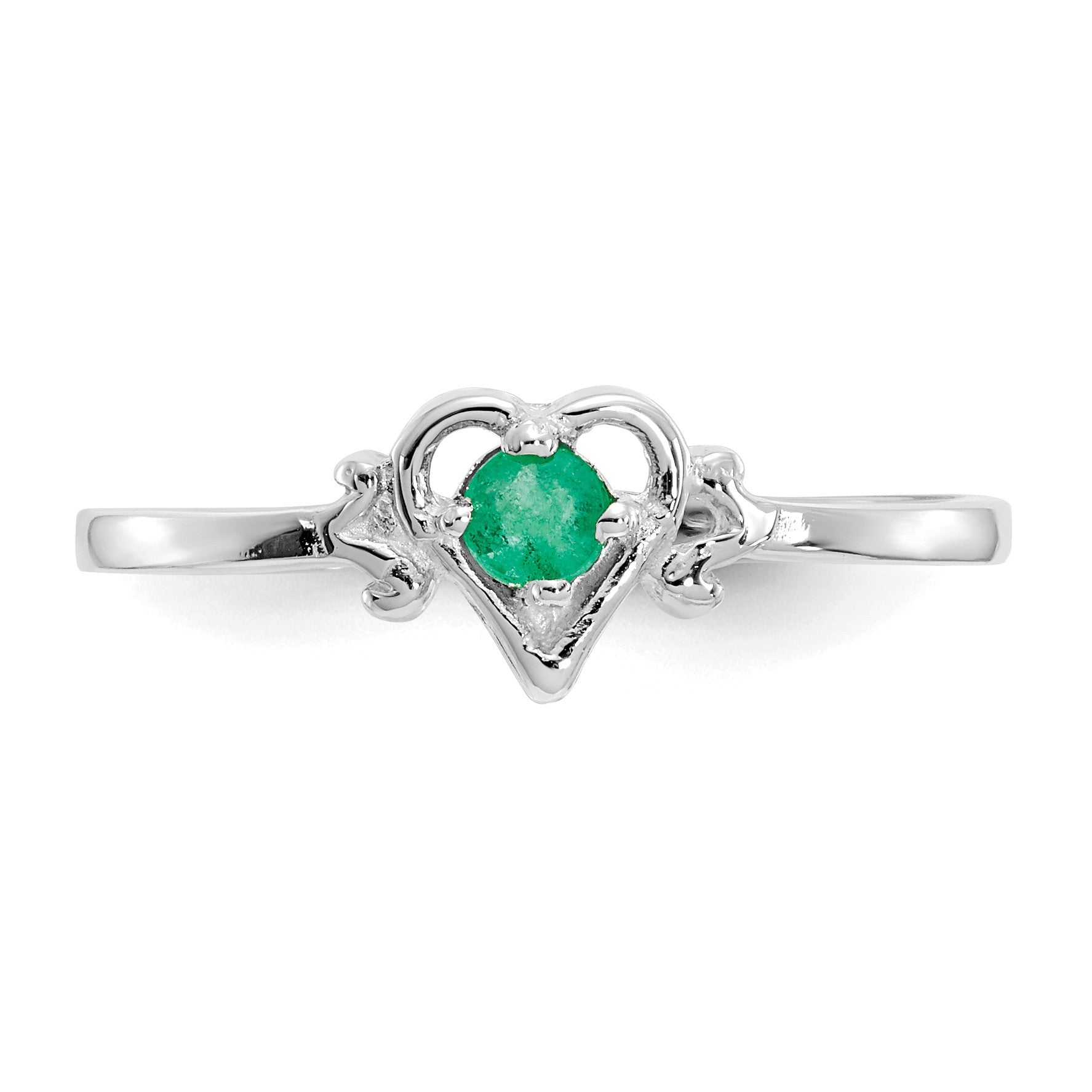 14K White Gold 3mm Round Emerald Birthstone Heart Ring