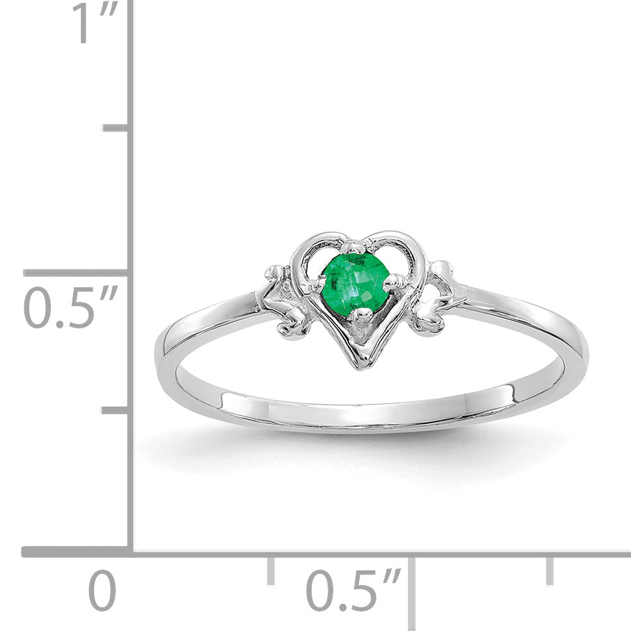 14K White Gold 3mm Round Emerald Birthstone Heart Ring