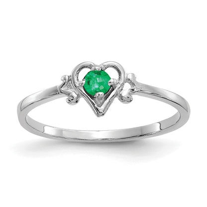 14K White Gold 3mm Round Emerald Birthstone Heart Ring