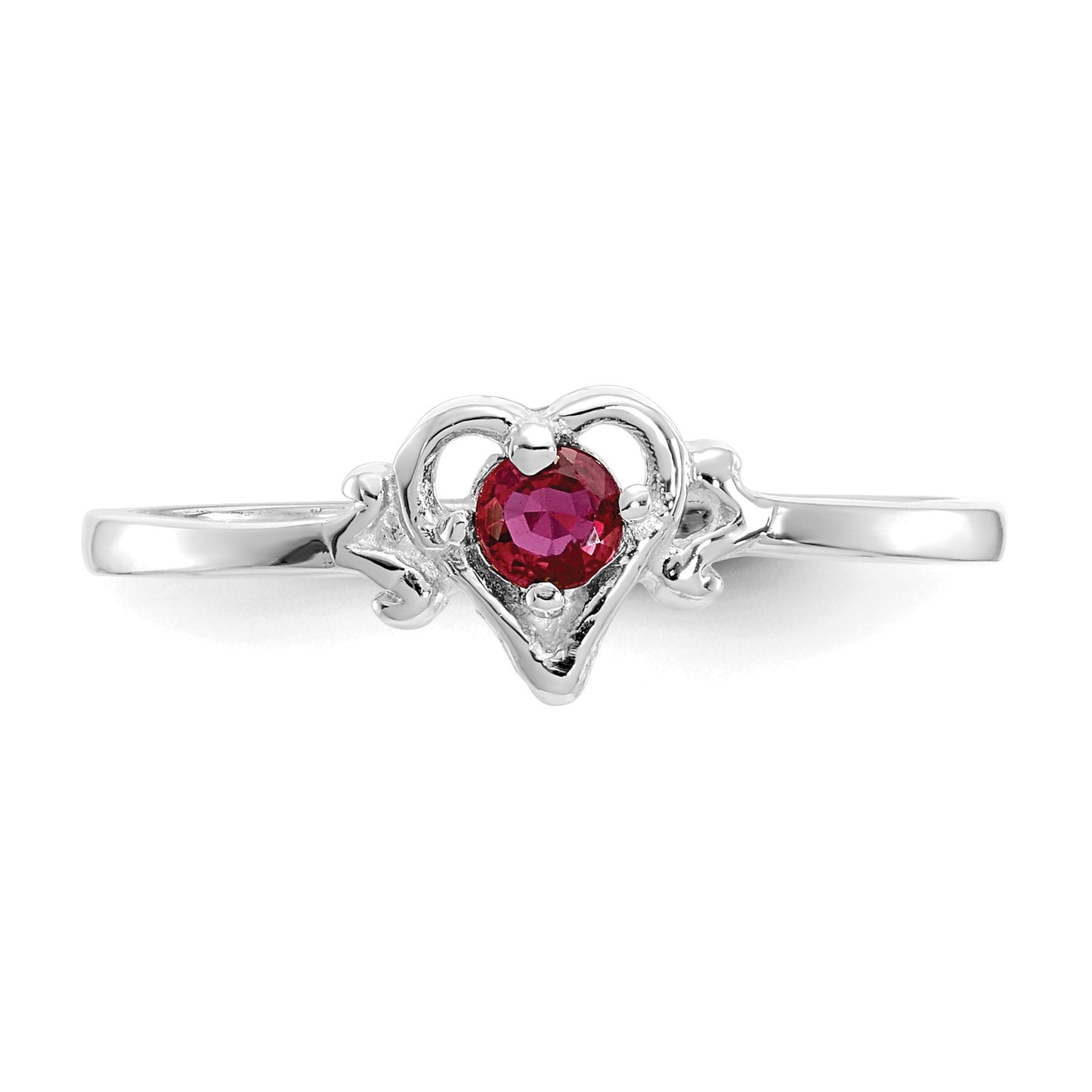 14K White Gold 3mm Round Ruby Birthstone Heart Ring