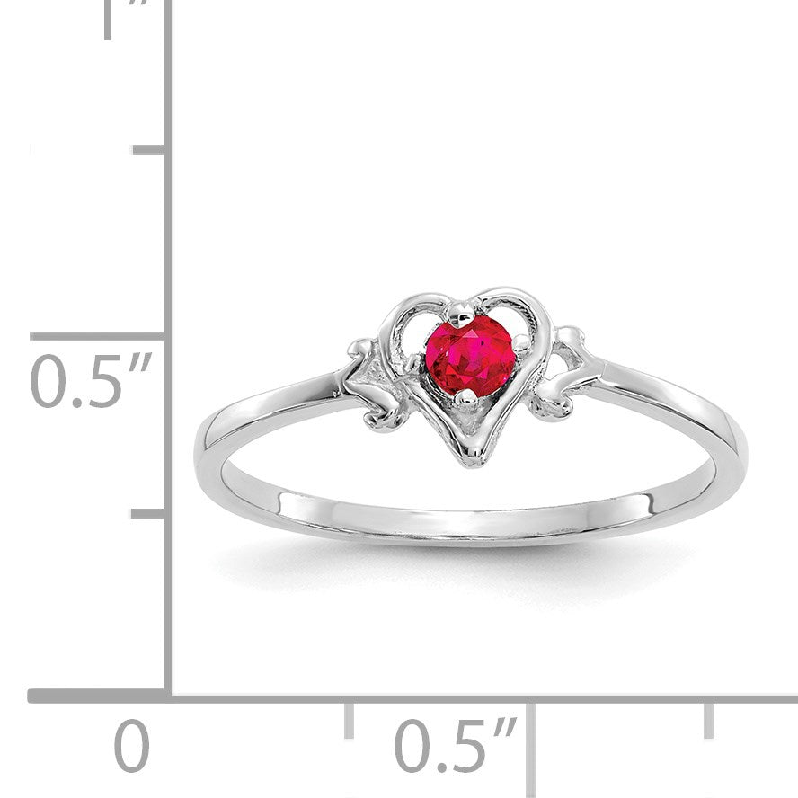 14K White Gold 3mm Round Ruby Birthstone Heart Ring