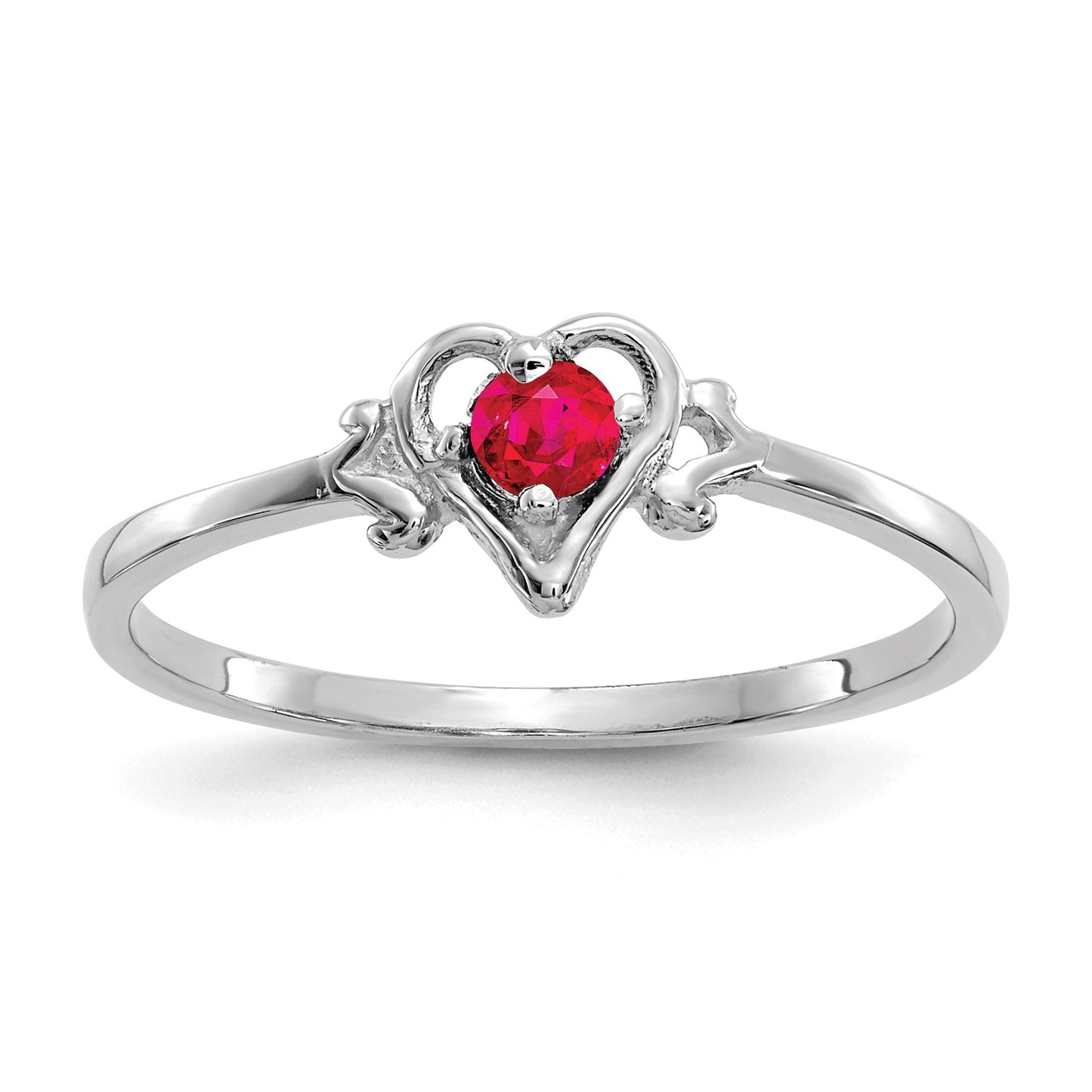 10K White Gold 3mm Round July/ Ruby Birthstone Heart Size 7 Ring