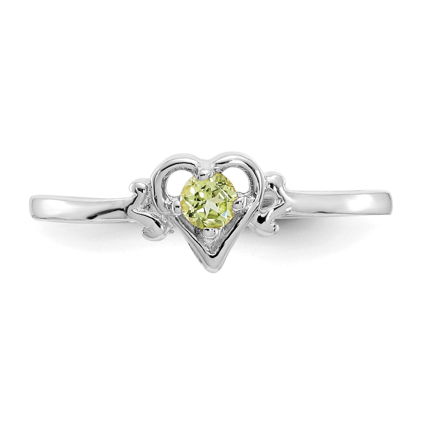 14K White Gold 3mm Round Peridot Birthstone Heart Ring