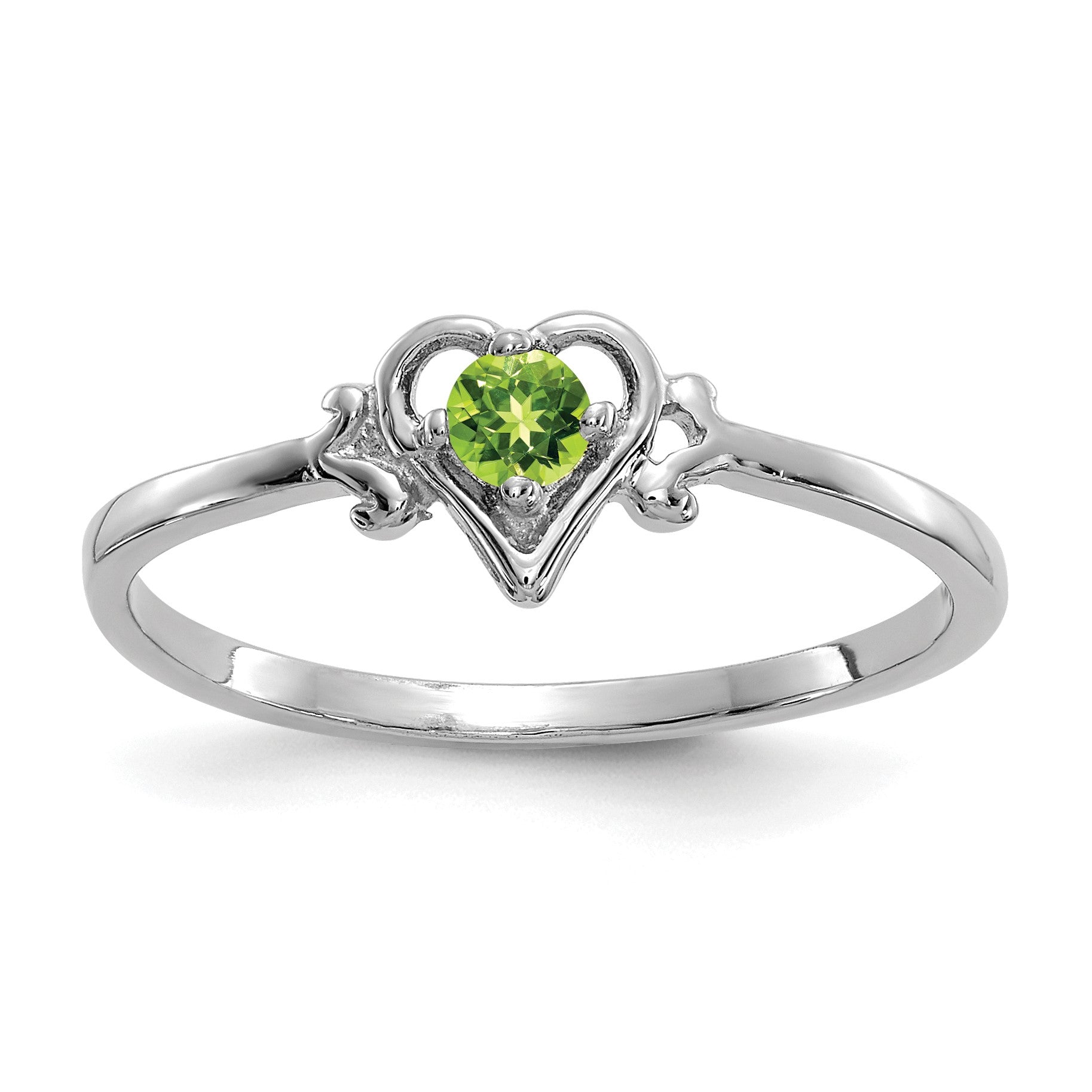 14K White Gold 3mm Round Peridot Birthstone Heart Ring