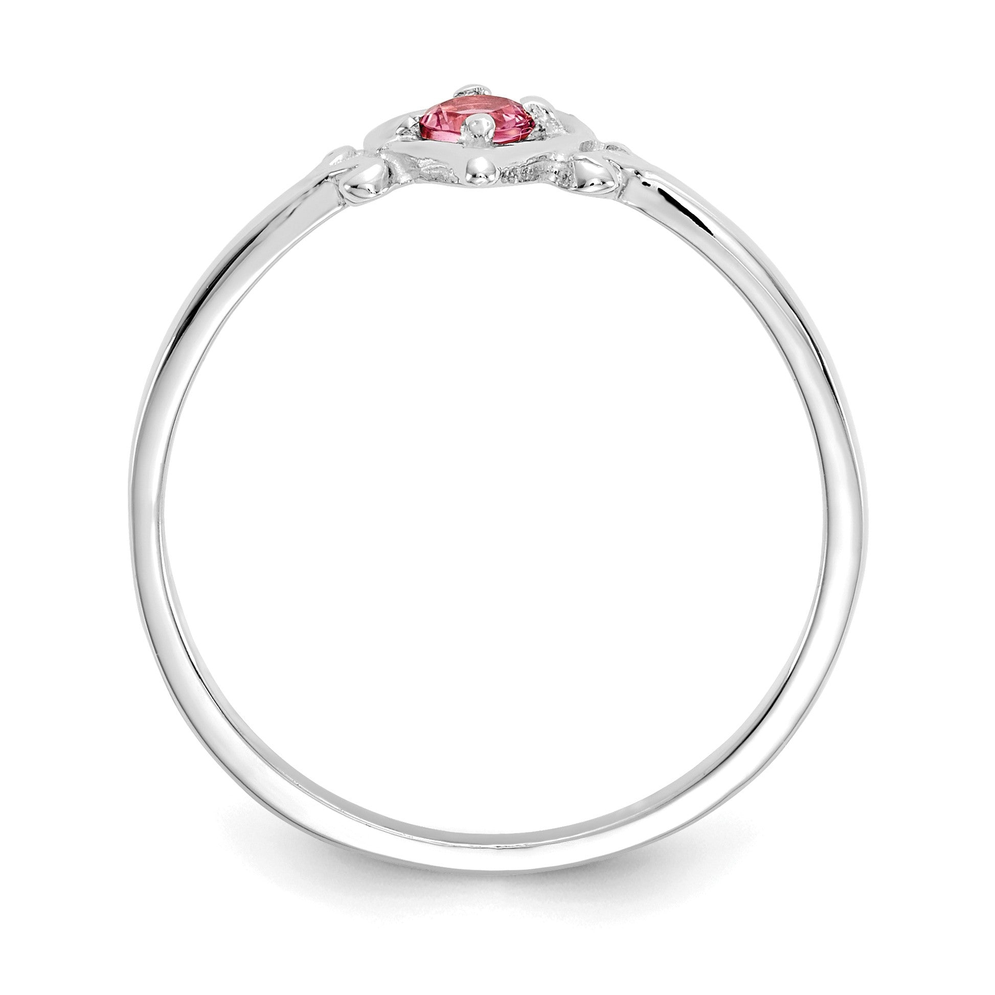 14K White Gold 3mm Round Pink Tourmaline Birthstone Heart Ring