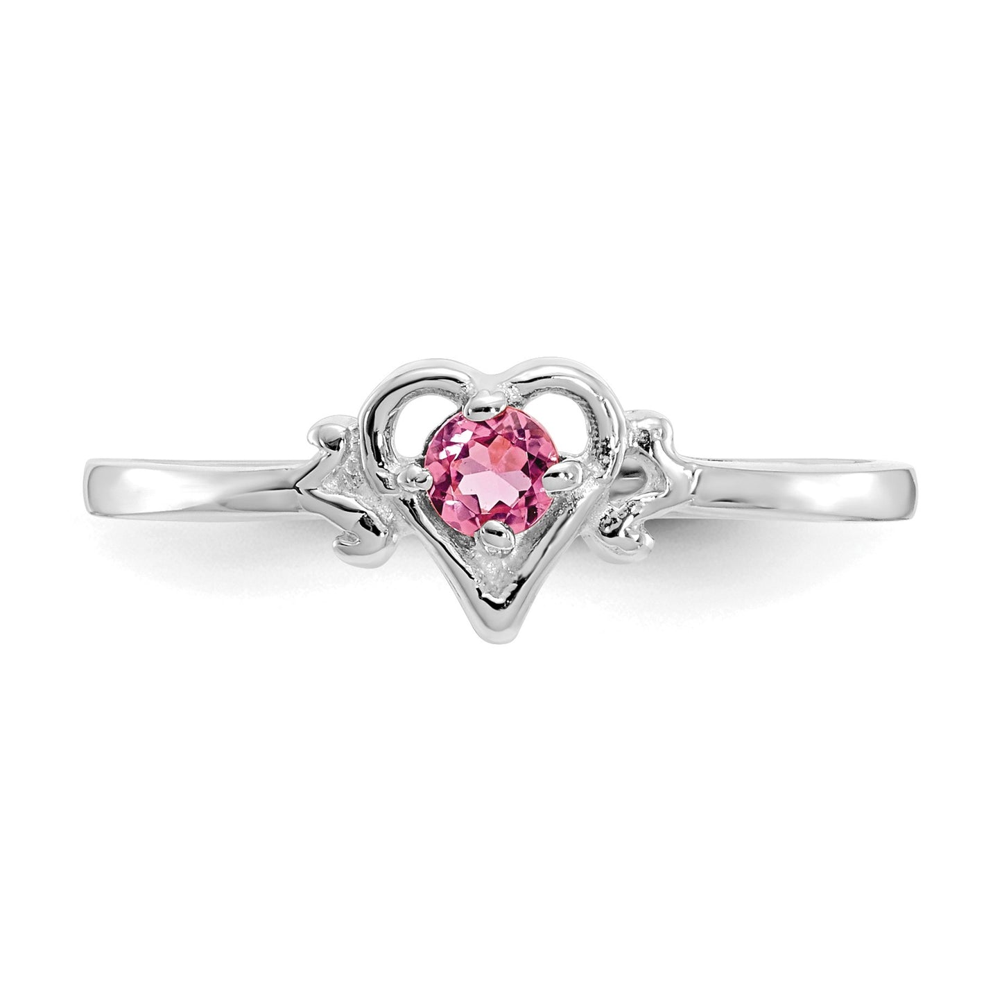 14K White Gold 3mm Round Pink Tourmaline Birthstone Heart Ring