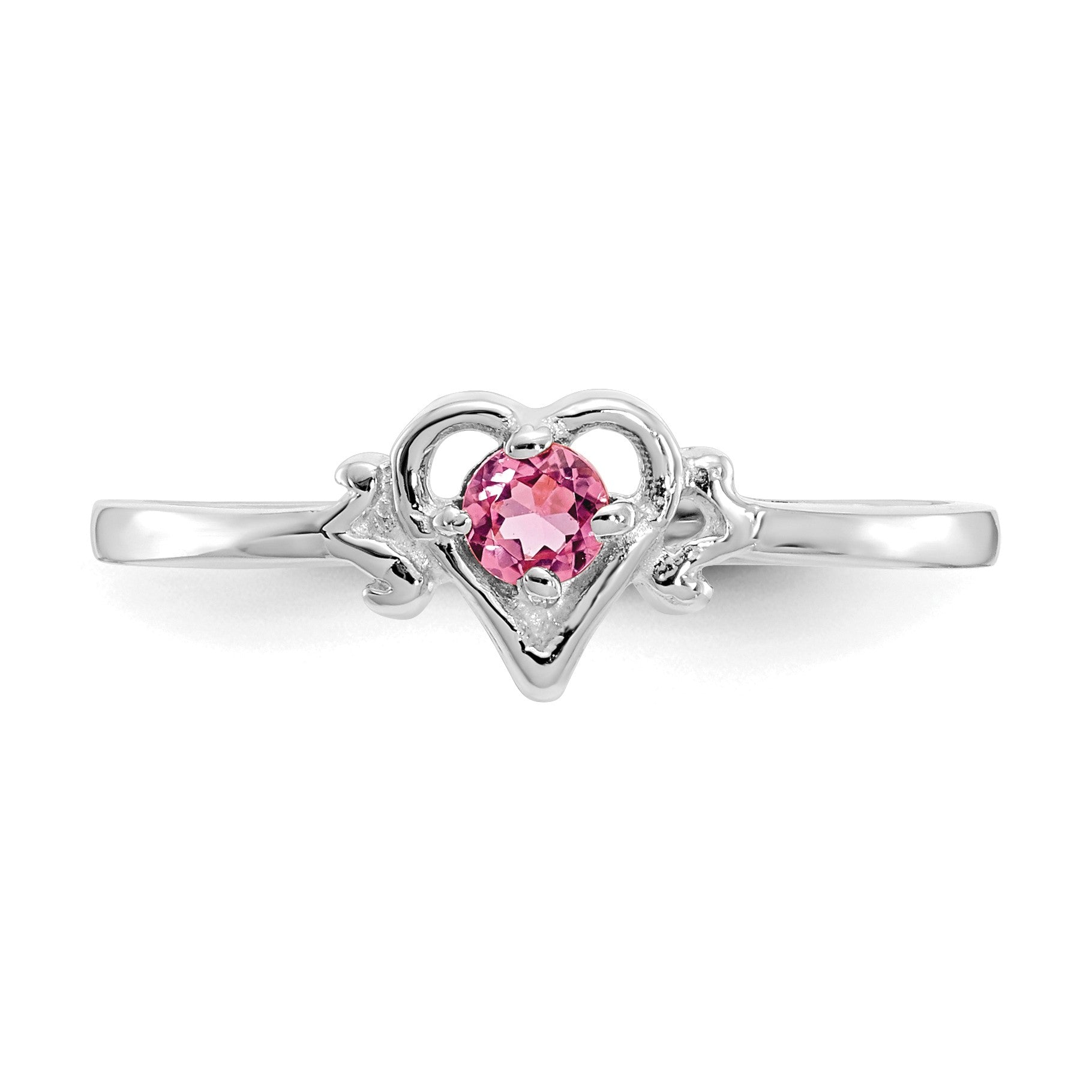 14K White Gold 3mm Round Pink Tourmaline Birthstone Heart Ring