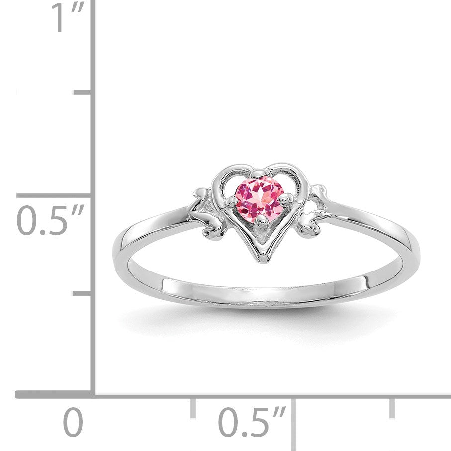 14K White Gold 3mm Round Pink Tourmaline Birthstone Heart Ring