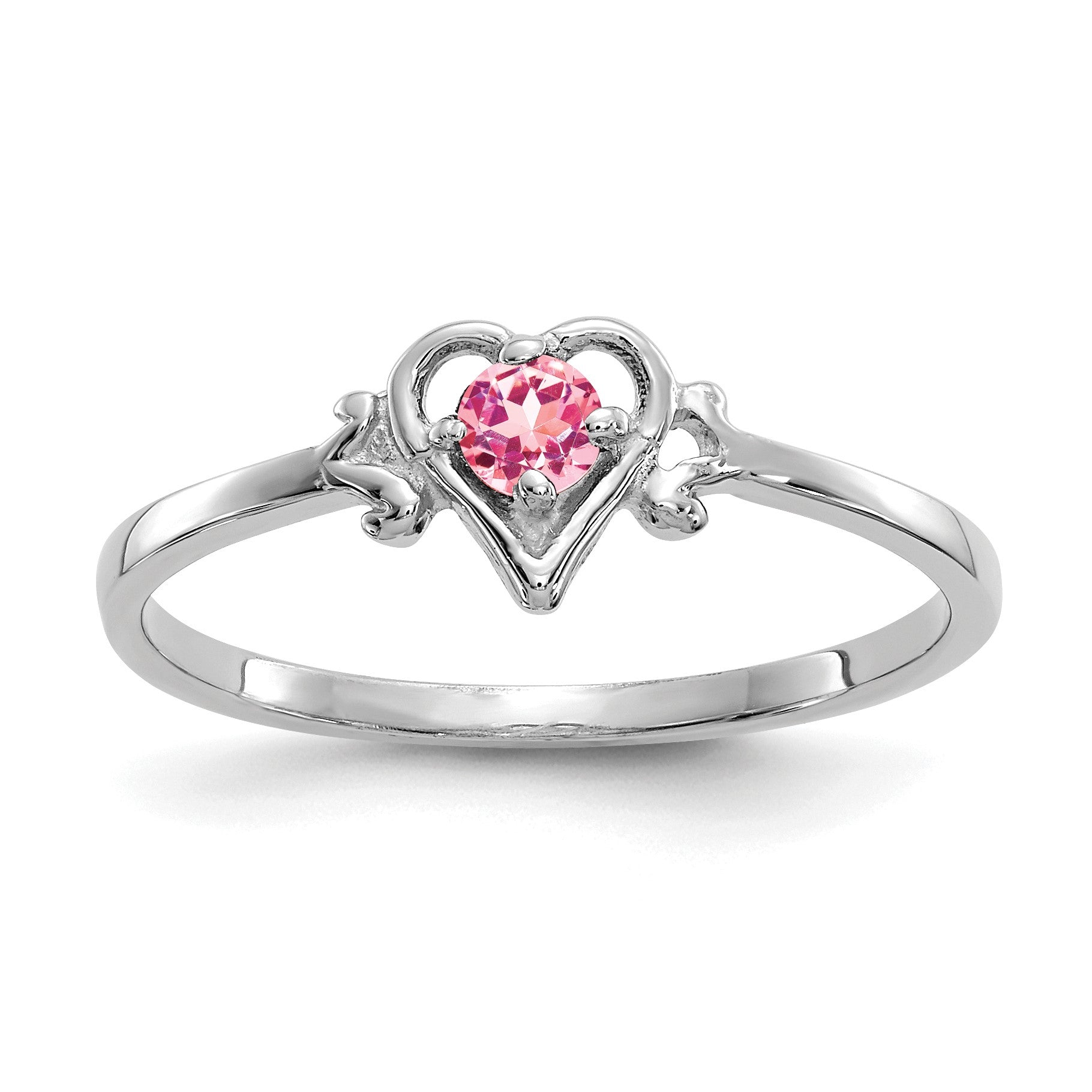 14K White Gold 3mm Round Pink Tourmaline Birthstone Heart Ring