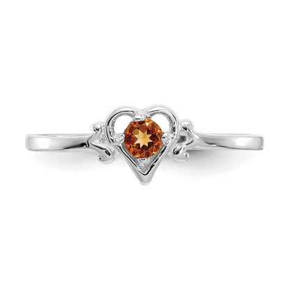 14K White Gold 3mm Round Citrine Birthstone Heart Ring