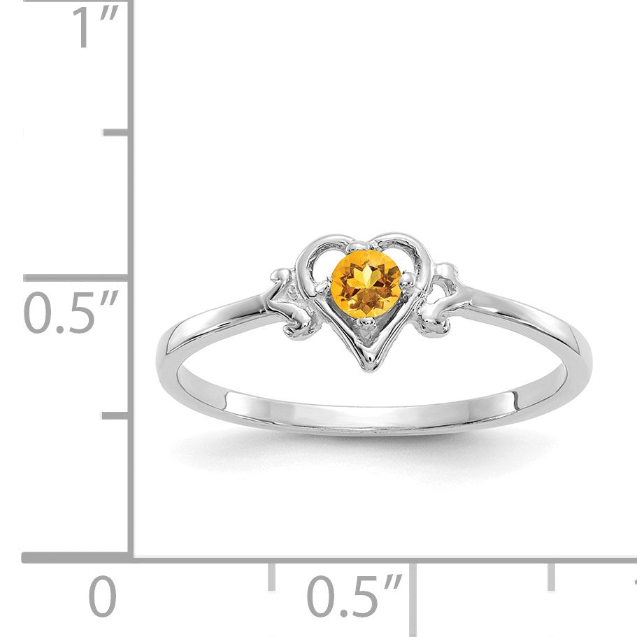 14K White Gold 3mm Round Citrine Birthstone Heart Ring