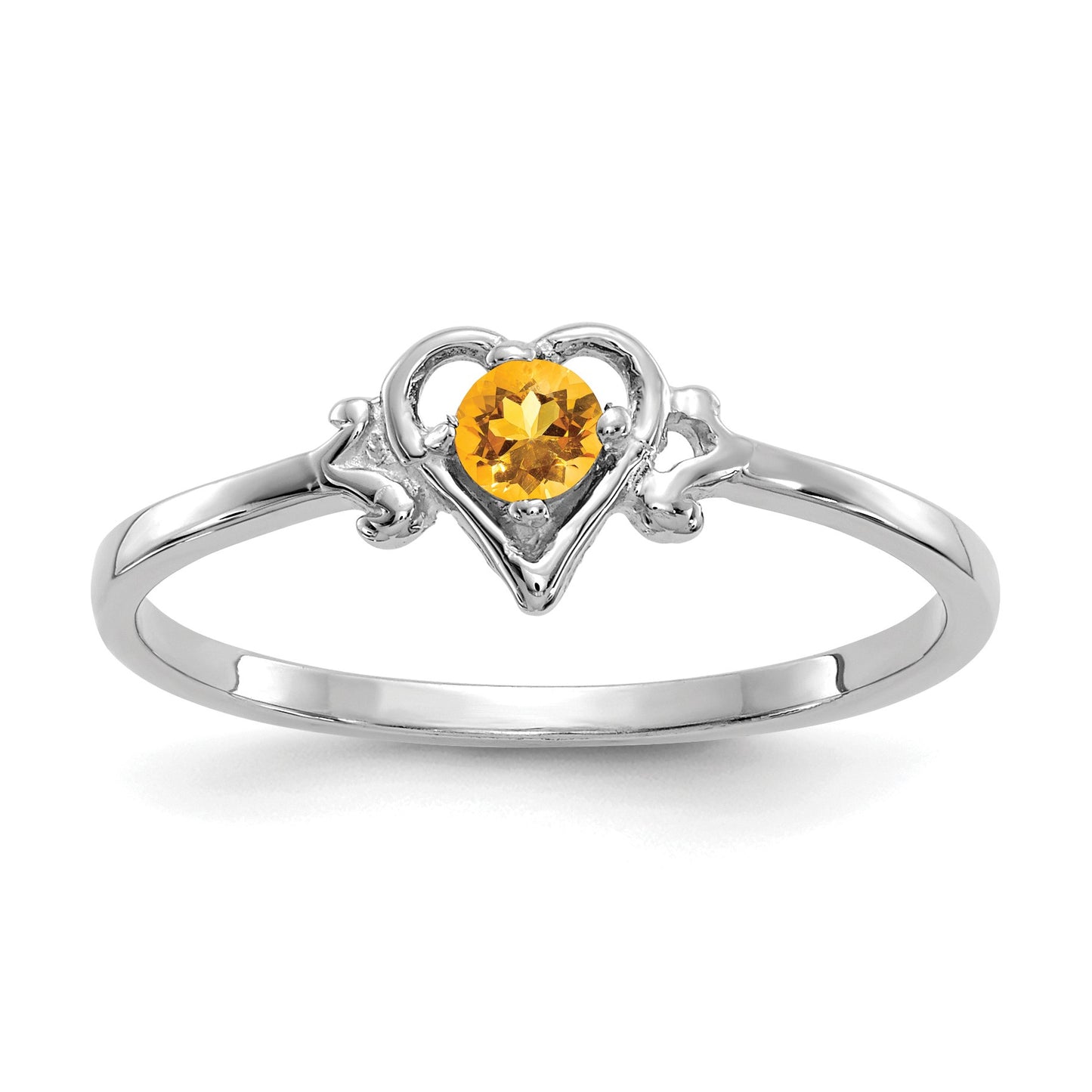 14K White Gold 3mm Round Citrine Birthstone Heart Ring