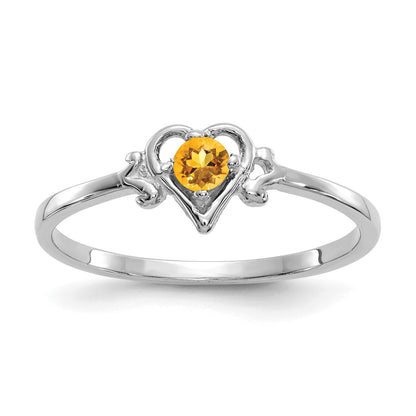 14K White Gold 3mm Round Citrine Birthstone Heart Ring