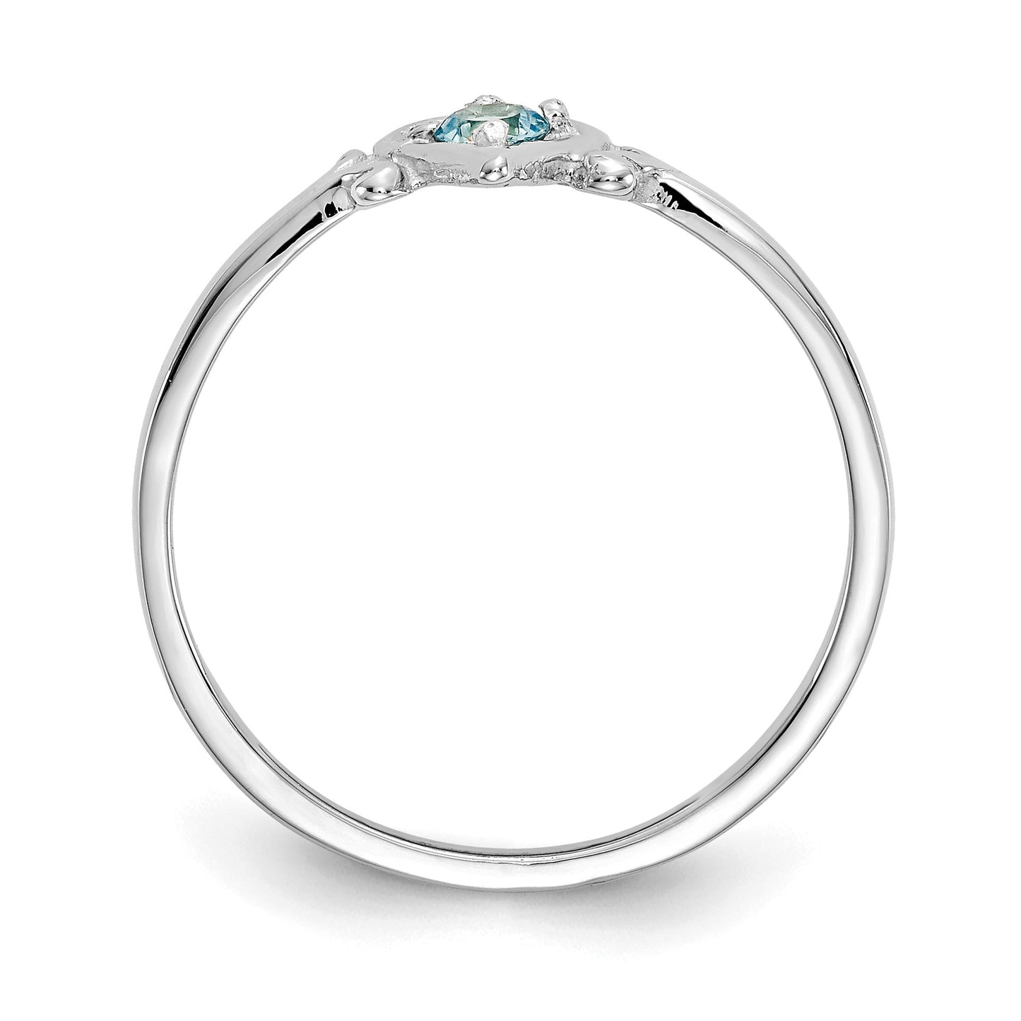 14K White Gold 3mm Round Blue Topaz Birthstone Heart Ring