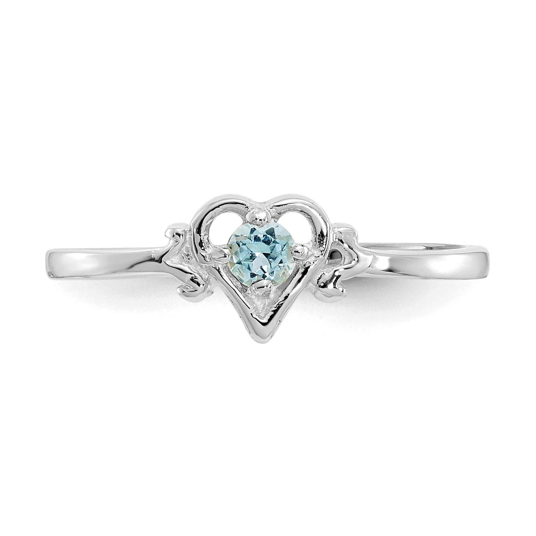 14K White Gold 3mm Round Blue Topaz Birthstone Heart Ring
