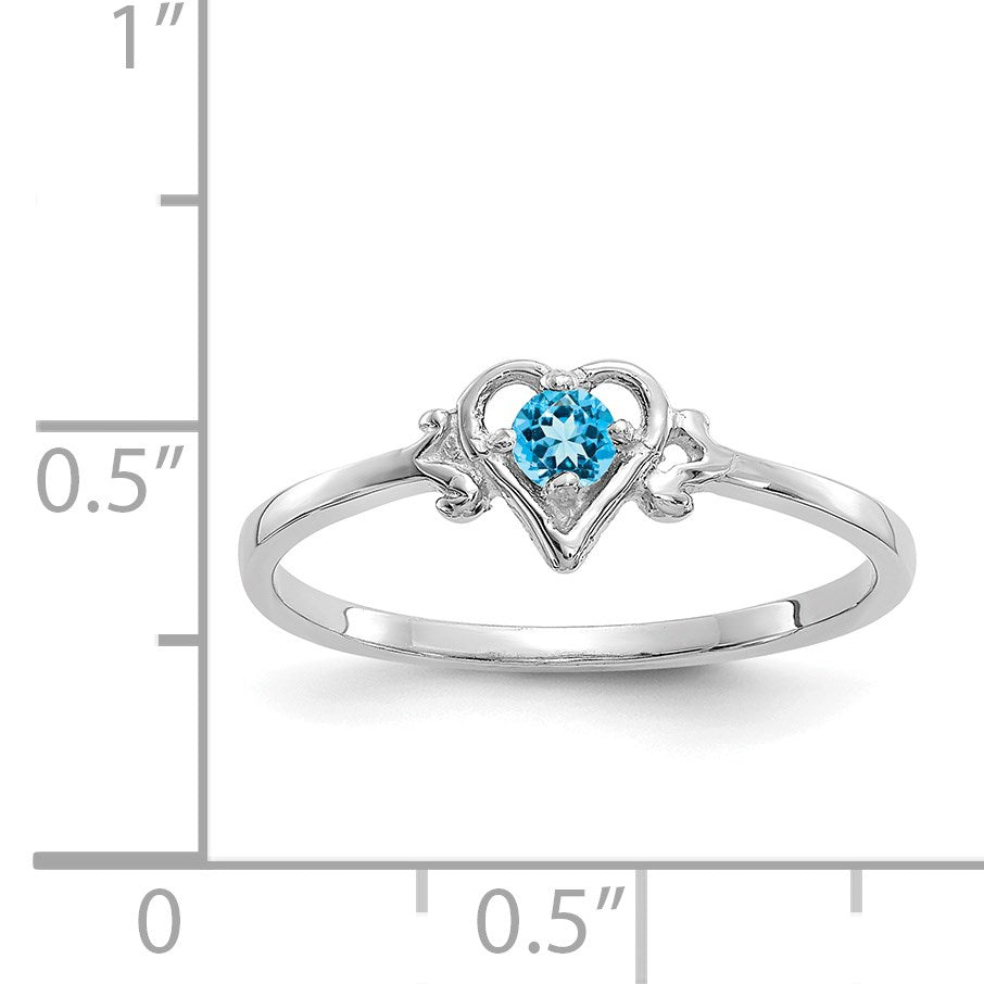 14K White Gold 3mm Round Blue Topaz Birthstone Heart Ring