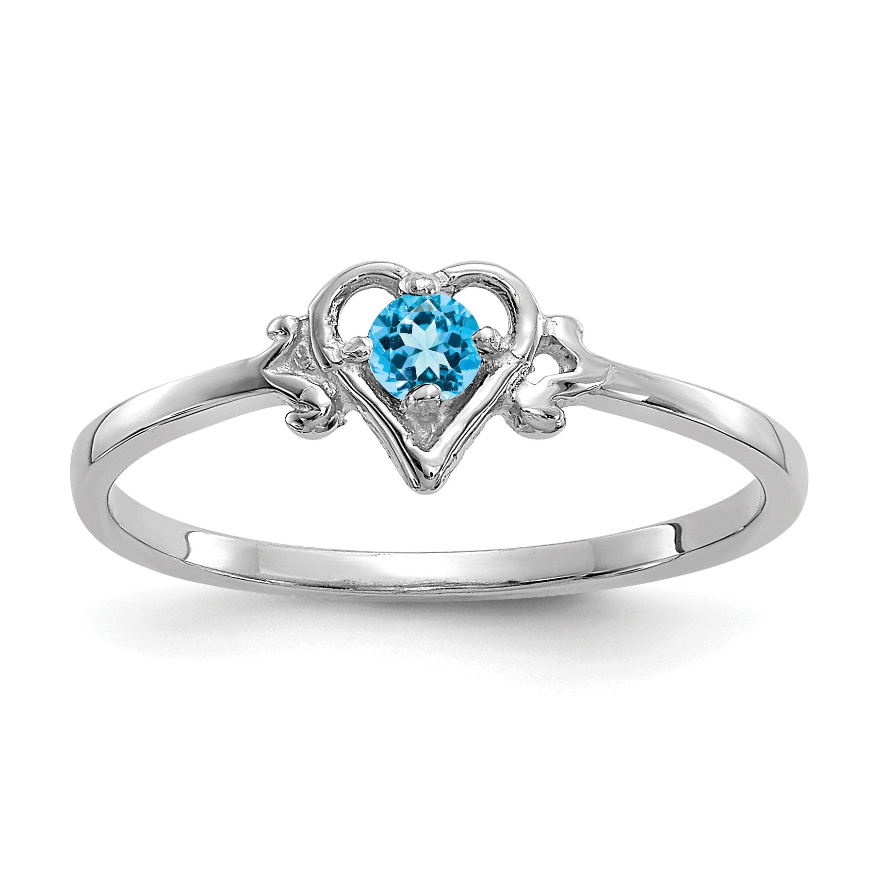 14K White Gold 3mm Round Blue Topaz Birthstone Heart Ring