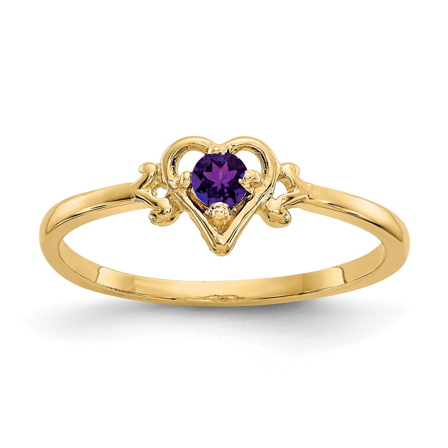 14k 3mm Round Amethyst Birthstone Heart Ring