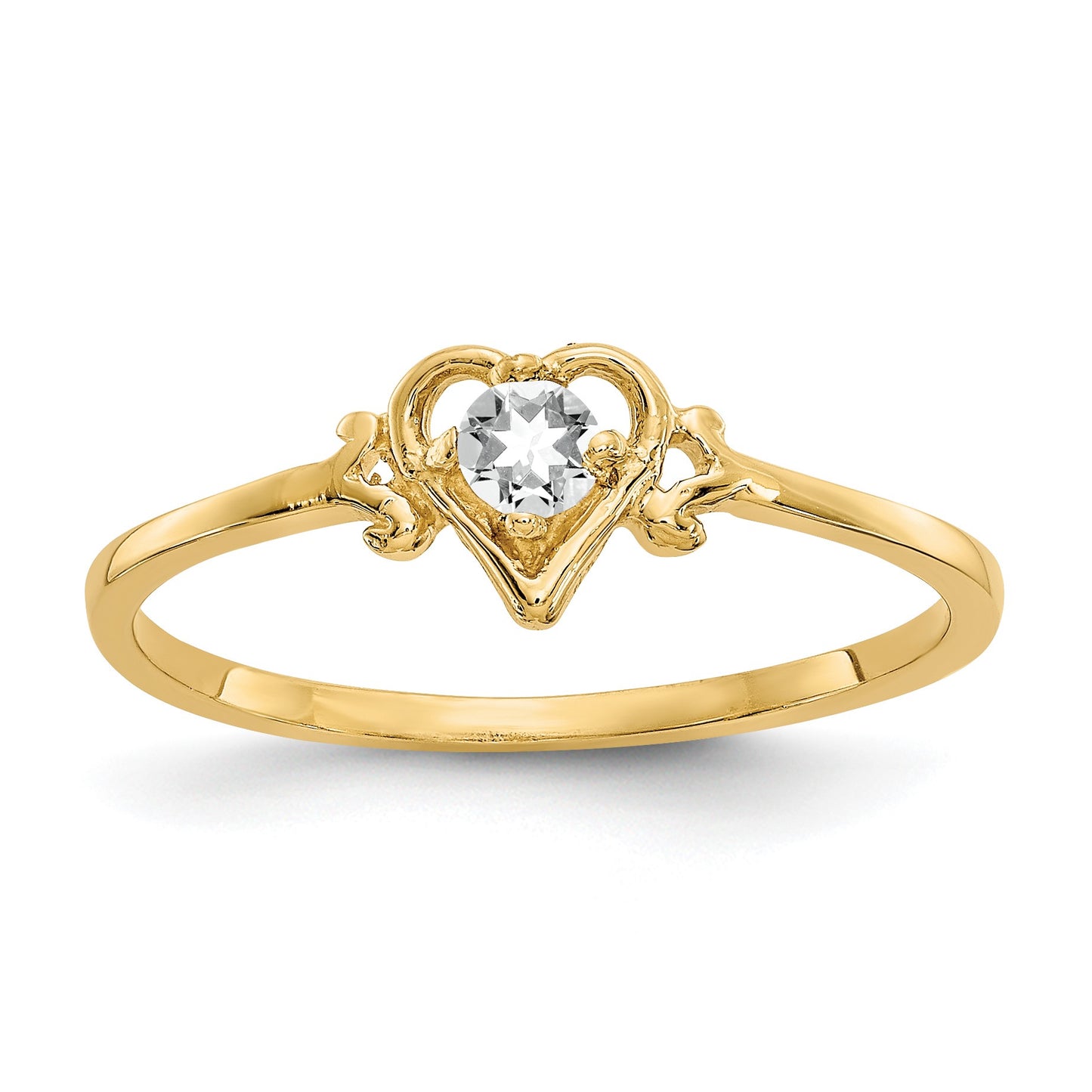10k 3mm Round April/ White Topaz Birthstone Heart Size 7 Ring