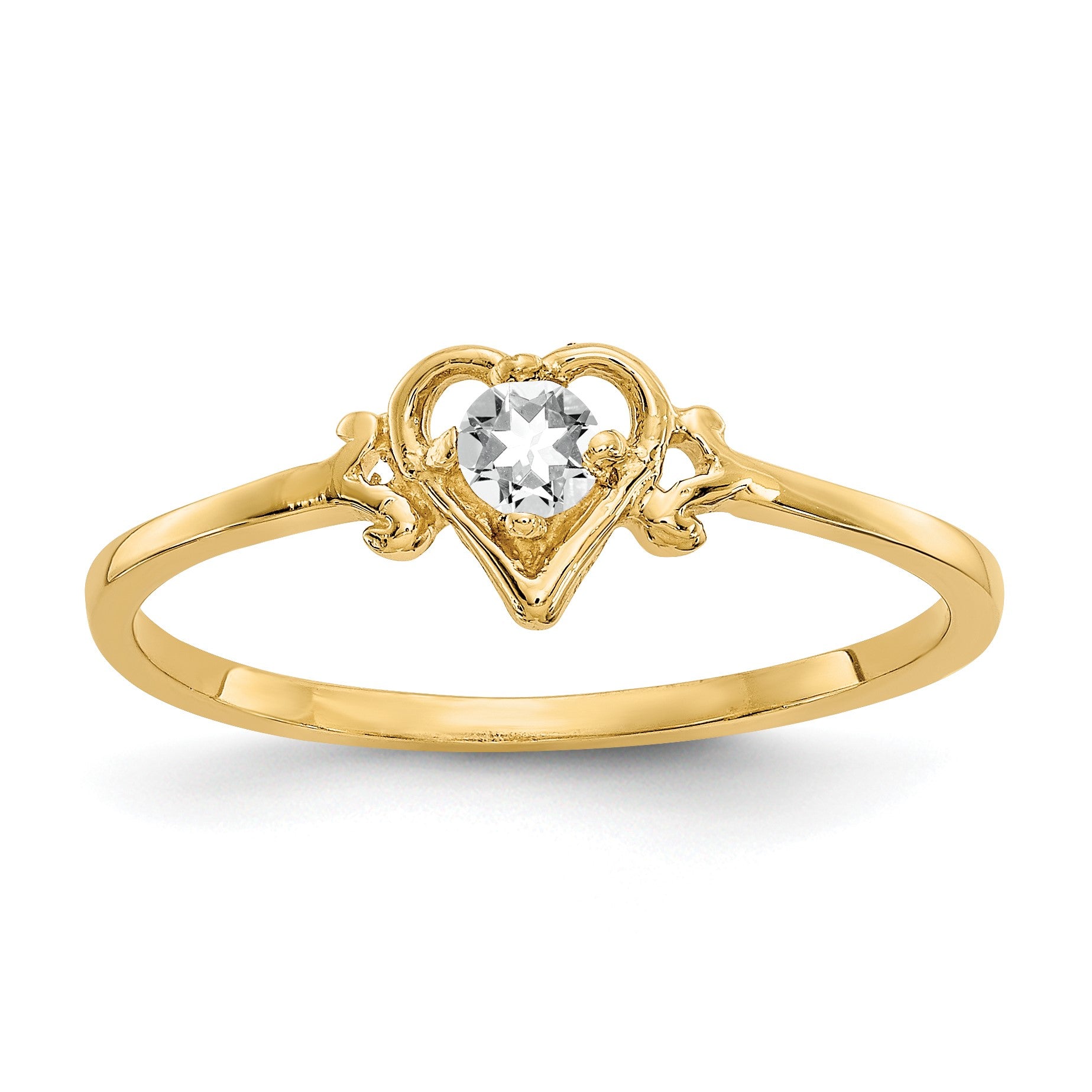 10k 3mm Round April/ White Topaz Birthstone Heart Size 7 Ring