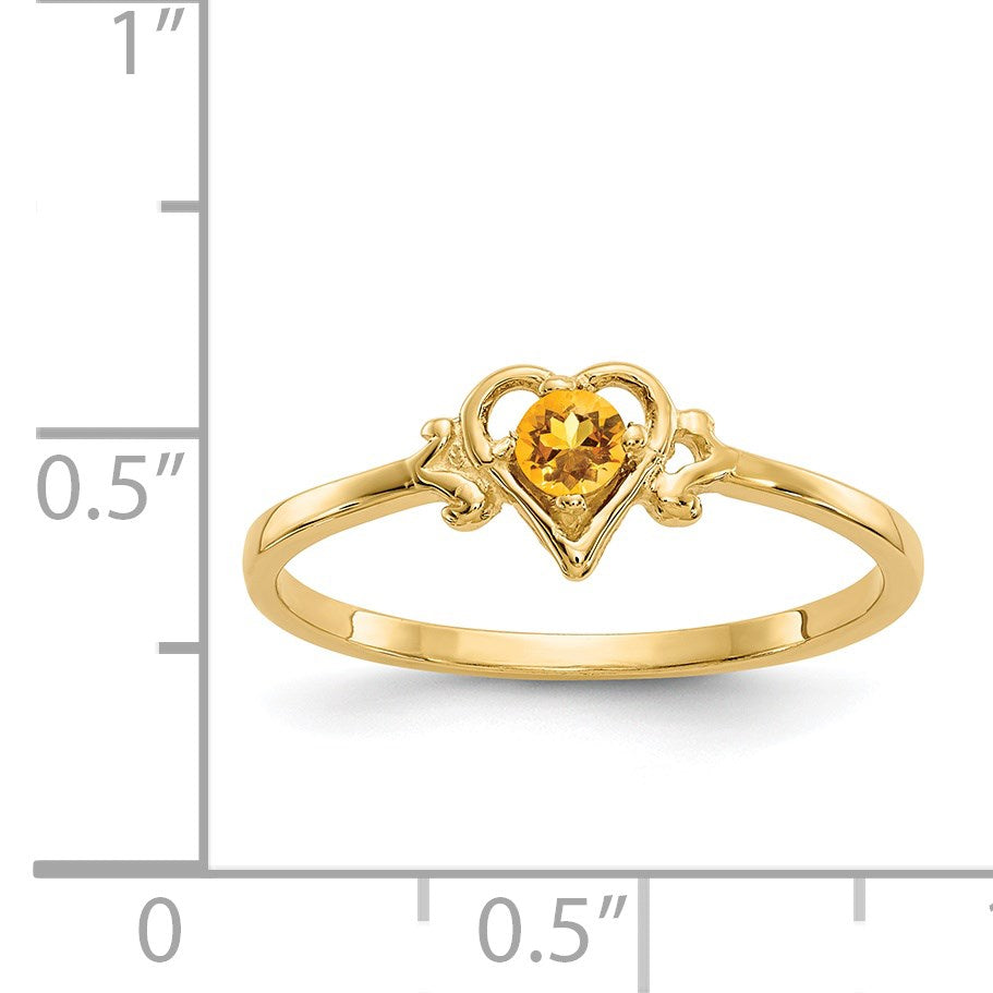 14k 3mm Round Citrine Birthstone Heart Ring
