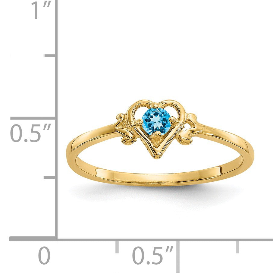 14k 3mm Round Blue Topaz Birthstone Heart Ring