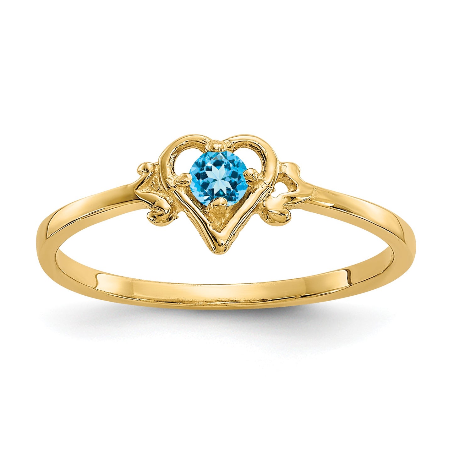 14k 3mm Round Blue Topaz Birthstone Heart Ring