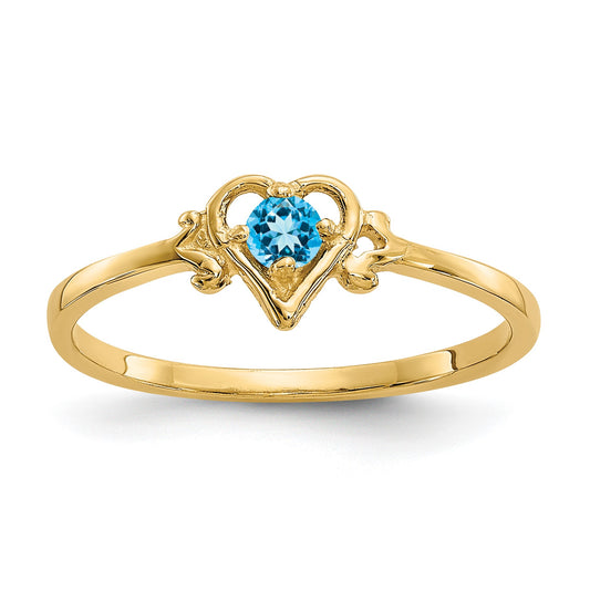 14k 3mm Round Blue Topaz Birthstone Heart Ring