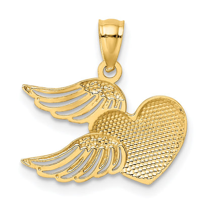 14K and White Rhodium Polished Heart with Wings Pendant