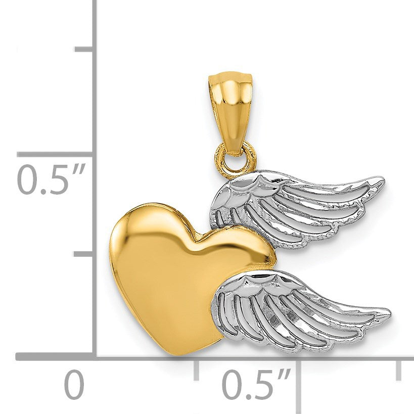 14K and White Rhodium Polished Heart with Wings Pendant